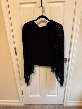 Black Fringe Knit Women's Poncho Style Shawl